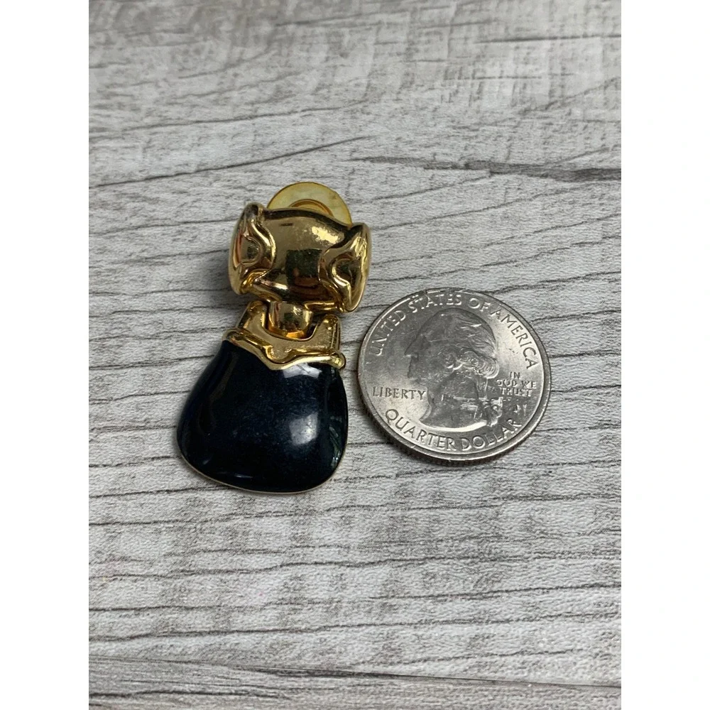 Vintage Gold Tone Black Enamel Door Knocker Drop Earrings Articulated Statement